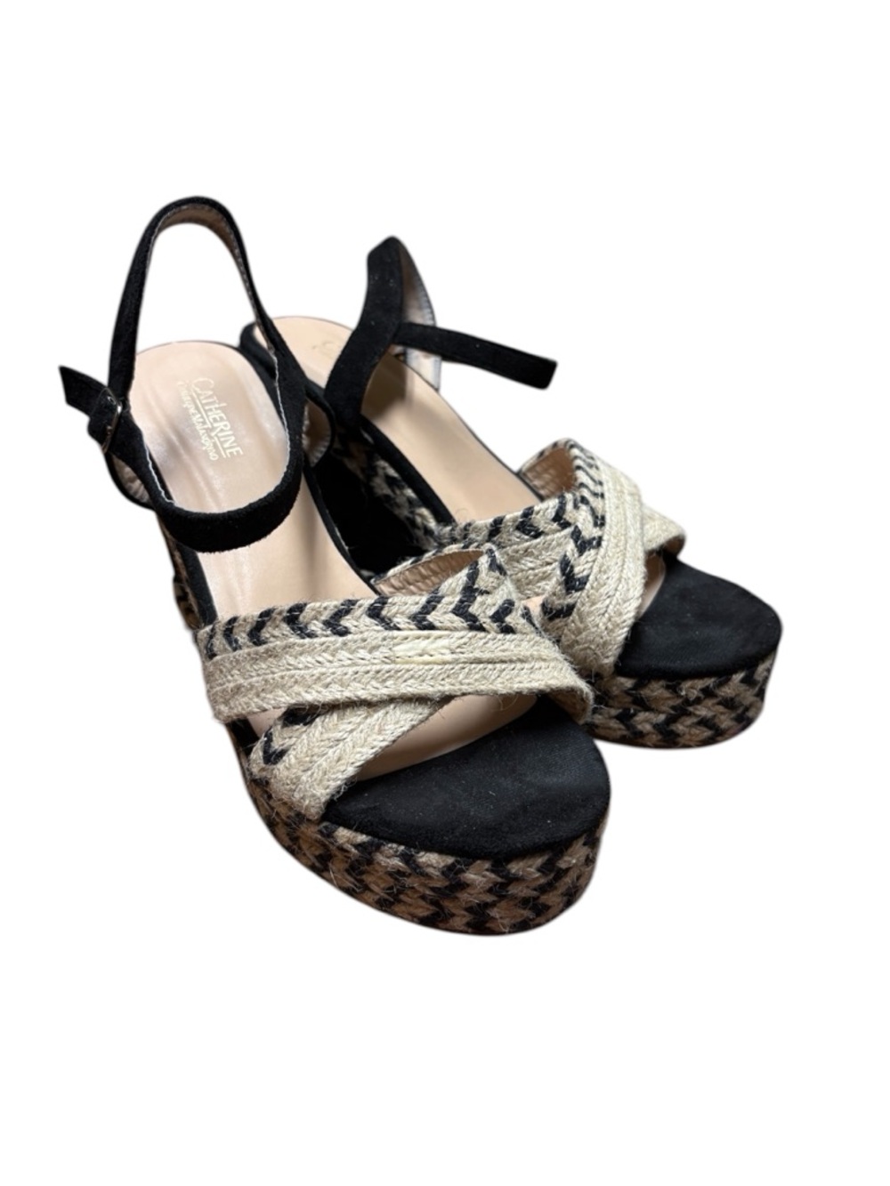 Catherine Malandrino Black & Natural Espadrille Platform Sandals Wedges Size 9